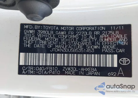 2011 Toyota Prius Two from USA, damaged, VIN JTDKN3DU5B5351453